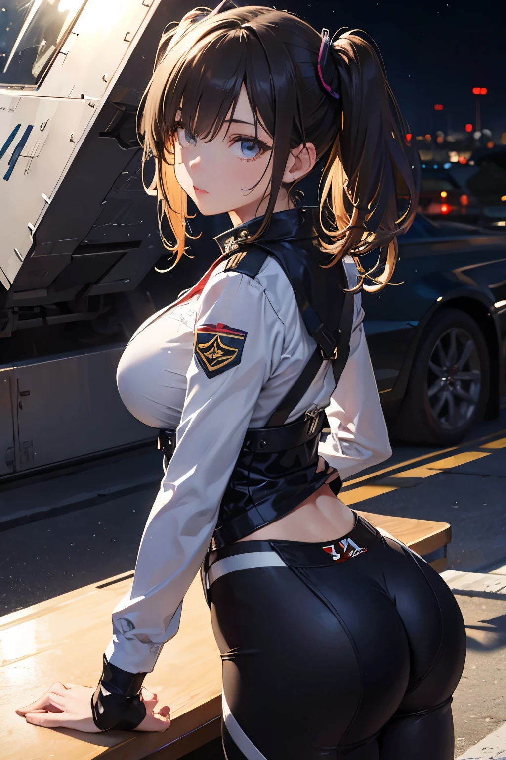 (photorealism:1.2)  sexy and beautiful female military jet pilot,1 girl ,  wearing a sexy flying suit , Sand gray color,  Air Force Base Background,  very detailed, very Accurate, 4K quality,  beautiful lighting arranged in an orderly manner, Bokeh, YF-23 fighter  ,  close-up,  thin and slim waist, Bubble butt,  beautiful face, Great lips,  brunette ,  twin tail hair,  perfect eyes,  very detailed eyes,   perfect hands,  perfect body, perfect hair, Perfect breasts, Accurate, 超 high definition , retina,   Masterpiece ,  anatomically correct, textured skin,  super detailed,  High detail ,  High Quality ,  Award-Winning , 最 High Quality ,  high definition , 16k, 8k