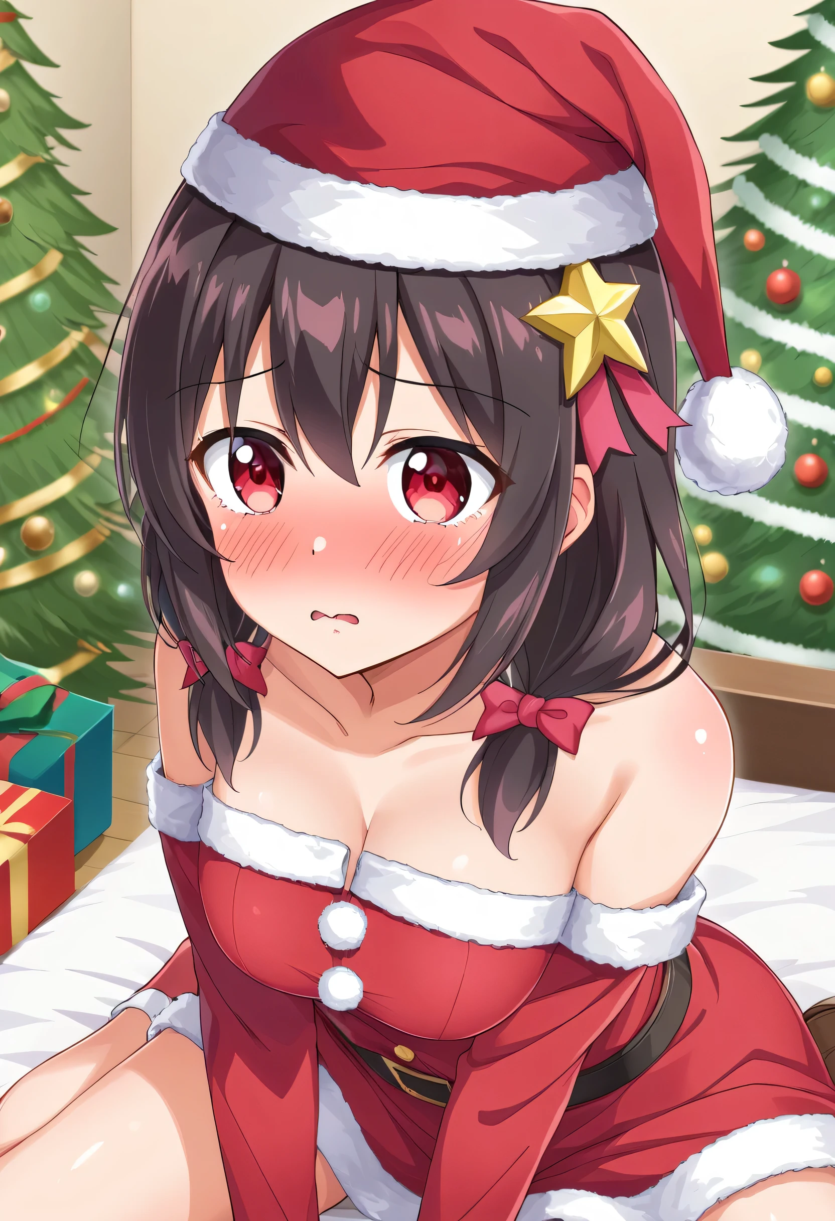 yunyun、masterpiece, best quality,  high definition ,(One person), Yunyun、  crown braid in the same color as hair,  black hair、 red eyes、 hair accessories , (Santa Claus costume with shoulders out )、 big-breasted 、(blush)、( christmas tree:1.2)、Looking up、( Anxious Expression )、Look diagonally downwards、 bed、( bedに座っている)、 Santa Claus hat