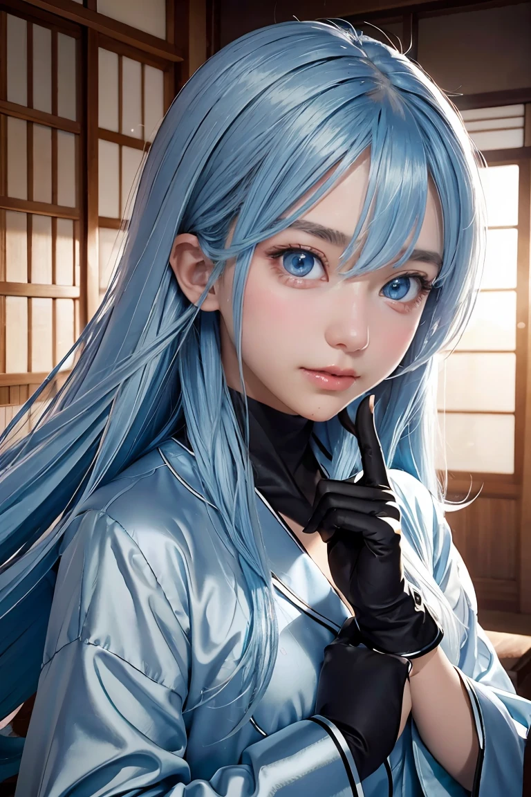 improve hand with 5 well defined fingers, has black gloves,  long hair, mysterious eyes, Shiny mysterious light blue hair, mysterious eyes, shining pupils,  girl, small smile, shining sky blue eyes, Japanese cityscape , Pajamas
