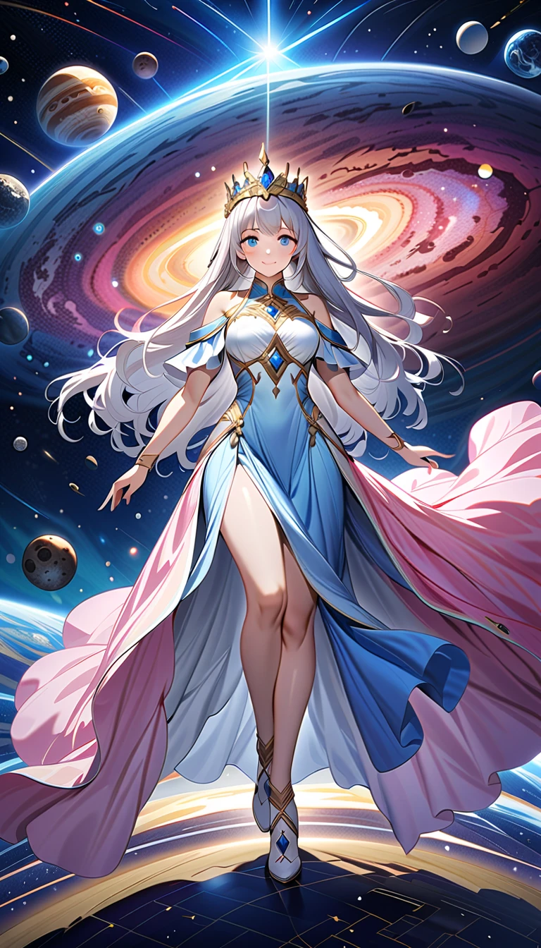 ( best quality,  high image quality,  high definition , 8k), The most beautiful goddess,  Anatomically Beautiful Body , Beautiful blue eyes, Beautiful pink lips,  perfect face,  Long Silky Straight Silver Hair, whole body,  White and Light Blue Royal Tunic ,  Quartz and Sapphire Crown ,  standing, Detailed illustrated art with quiet hand and foot movements ,  look at me and smile, Celestial Bodies, planet, nebula, solar system,  starry sky , meteor,  detailed illustrated art including backgrounds, 