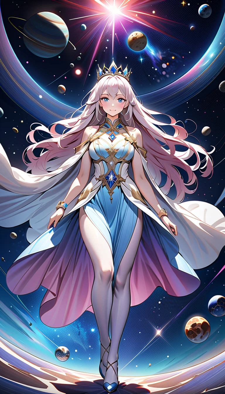 ( best quality,  high image quality,  high definition , 8k), The most beautiful goddess,  Anatomically Beautiful Body , Beautiful blue eyes, Beautiful pink lips,  perfect face,  Long Silky Straight Silver Hair, whole body,  White and Light Blue Royal Tunic ,  Quartz and Sapphire Crown ,  standing, Detailed illustrated art with quiet hand and foot movements ,  look at me and smile, Celestial Bodies, planet, nebula, solar system,  starry sky , meteor,  detailed illustrated art including backgrounds, 