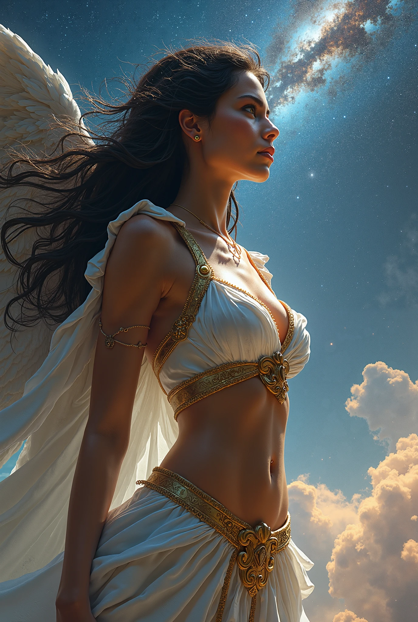 Mujer arafed vestida de blanco con alas y joyas de oro., beautiful female angel, germen de arte en artstation pixiv, of beautiful angel, germen de arte julie bell beeple, beautiful angel, Ross Tran 8K, Oh! | germen de arte, hasta el modelo | germen de arte, arte conceptual | germen de arte, germen de arte. animated illustration