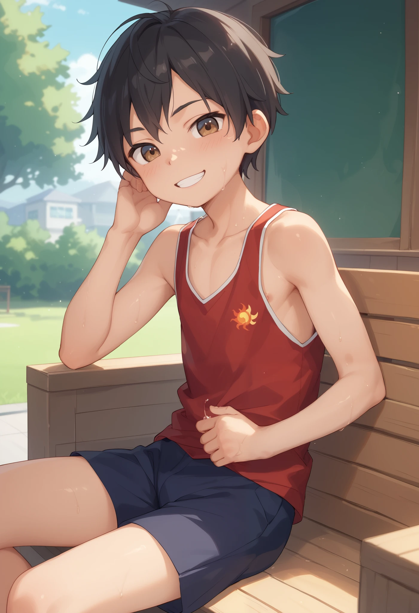 Solo images、 boy 、Shota、 elementary school students、 short、Overall image、 shirtless、Brown eyes、 naughty smile 、 is sweating、Clutching the bill、 black hair short hair、 version、Short legs、 sunburned skin、 red tank top、Shorts、 CutifiedAnimeCharacterDesign Variant - Type D -、Background outside in the countryside at dusk、