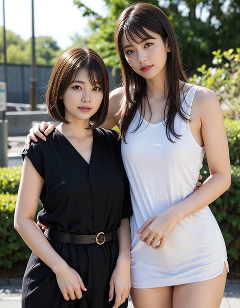 absurdres, RAW photo, extremely delicate and beautiful, masterpiece, Best Quality, ultra high resolution, 16k, hyperrealistic, ultra-detailed, Very detailed CG 8k wallpaper, Beautiful Lighting, Perfect Lightning, Realistic Shadows, perfect ???????, super Detailed skin, perfect figure, Japanese woman, late 20s, very Slim body, narrow waist, very small head, handsome detailed woman, very detailed eyes and face, realistic face proportions, Stunning detailed eyes, Realistic beautiful face, very small face, Realistic small beautiful eyes, double eyelids, makeup, tearful mole, mole on chest, earring, bare legs, beautiful and very thin legs, beautiful and very thin thighs, (((very huge round breasts))), (((full body shot))), ((short hair)), wavy hair, (((korean , summer  shirt, dress shirt, sleeveless))), midriff peek, (((yuri))), (((((2 girls))))), (hug),