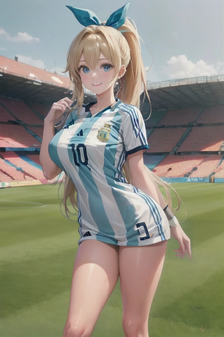 masterpiece,  best quality ,Ultra HD Explained,Full HD,16k, Super resolution , accurate human body,Correct human anatomy,relax, smile,(( soccerスタジアム,On the grass,On the pitch)),(((( standing:1.8,Beautiful operation)))),  one woman:2.0, viewer,(( blonde alone, long hair_  ponytail _Blue ribbon,Blue Eyes, Beautiful White Skin )),( open your eyes, penetrates ,Sexy and attractive body _ far beyond age:1.5, Well-balanced limbs:1.6, long legs ) ((Abnormally large breasts_K-Cup_ beautifully shaped breasts )),(((Argentina _ soccer_ soccerユニフォーム,Argentina 代表ユニフォーム))),,German,Colours of the 90s, bust shot:1.8,Active Angle,Front View, chest in the background:1.4.