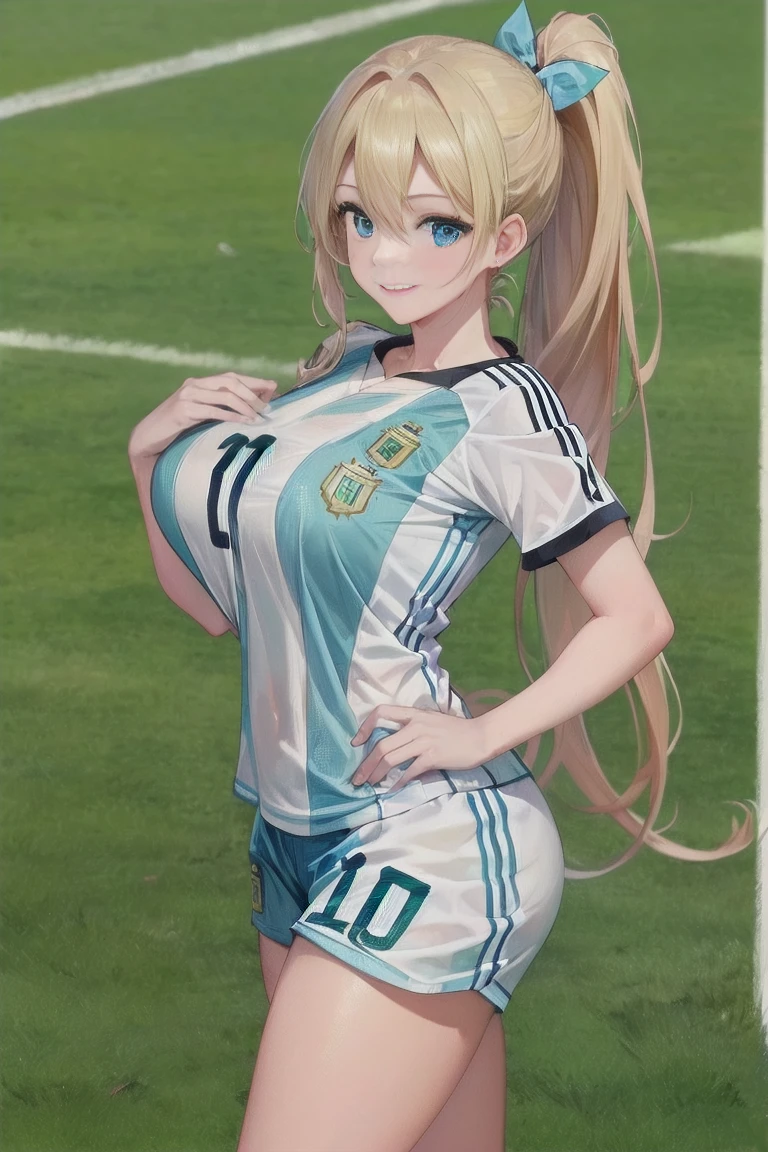 masterpiece,  best quality ,Ultra HD Explained,Full HD,16k, Super resolution , accurate human body,Correct human anatomy,relax, smile,(( soccerスタジアム,On the grass,On the pitch)),(((( standing:1.8,Beautiful operation)))),  one woman:2.0, viewer,(( blonde alone, long hair_  ponytail _Blue ribbon,Blue Eyes, Beautiful White Skin )),( open your eyes, penetrates ,Sexy and attractive body _ far beyond age:1.5, Well-balanced limbs:1.6, long legs ) ((Abnormally large breasts_K-Cup_ beautifully shaped breasts )),(((Argentina _ soccer_ soccerユニフォーム,Argentina 代表ユニフォーム))),,German,Colours of the 90s, bust shot:1.8,Active Angle,Front View, chest in the background:1.4.