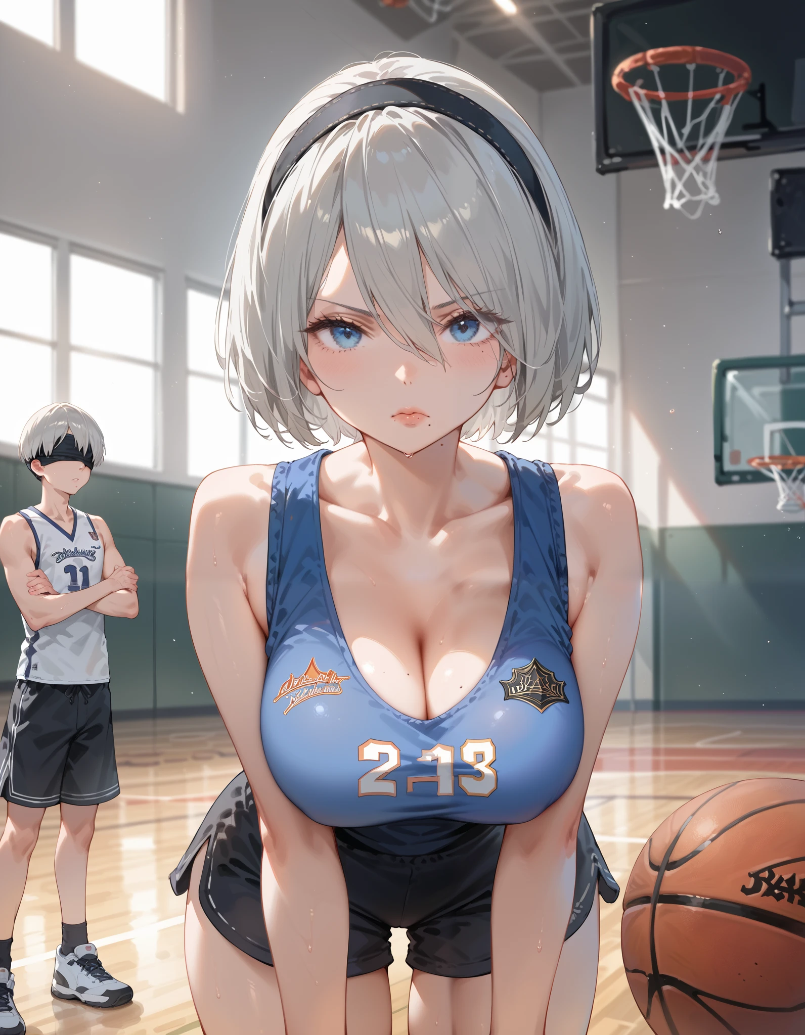 2b, 2b, Detailed depiction of Yorha's . 2 Type B,  shorthair, Gray Hair, Big Breasts、 mole under mouth , blue eyes、 Enjoy playing basketball 、 serious face、gym、 basketball uniform