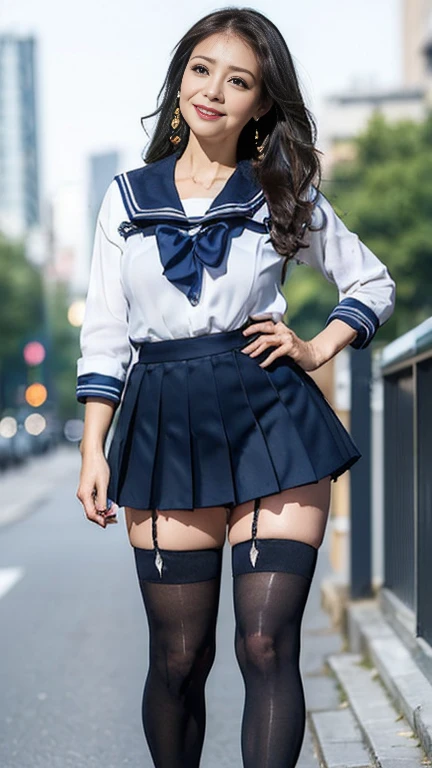 full body shot, from below,  japanese mature, 58 years old,  detailed face , Facial wrinkles, Wrinkles around the eyes, smile,  Detailed Skin Textures ,  white skin,  heavy makeup,  long hair, curvy body,  big breasts, (earrings, school uniform, sailor uniform, sailor collar, sailor collar ribbon,  dark blue pleated mini skirt , black thighhighs:1.2), ( wearing high heels :1.2), ( full body shot from toe to head wearing black high heels, Standing on the sidewalk:1.2), ( surrealism, best quality, ultra detailed, absolutely resolution, 8k, anatomically correct), depth of field, looking at viewer, tachi-e, (gal.safetensors), (bimajo ),  detailed face , full body 