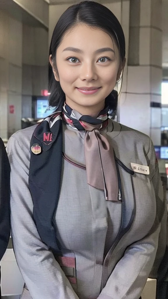 (  Masterpiece :1.2、 best quality:1.2)、32kHDR、 high definition 、(Alone、 1 girl、 slim figure)、（JAL cabin crew uniform realistic style）、 (At the airport counter,   professional writing )、A proper woman,  beautiful face,、（Black JAL cabin crew uniform）、（long sleeve JAL flight attendant uniform ）、（ wrap a scarf around your neck ）、Big Breasts、（ long hair upstyle 、bread）、  lots of dark brown hair、Long Hit、（（：2.0））、（（Harmonious physique ：1.5））、（（Normal limbs：2.0））、（（Usually refers to：2.0））、（（ DELICATE EYES：2.0））、（（Normal eyes：2.0））)、Beautiful position、smile 、  (((huge breasts:1.4)))、