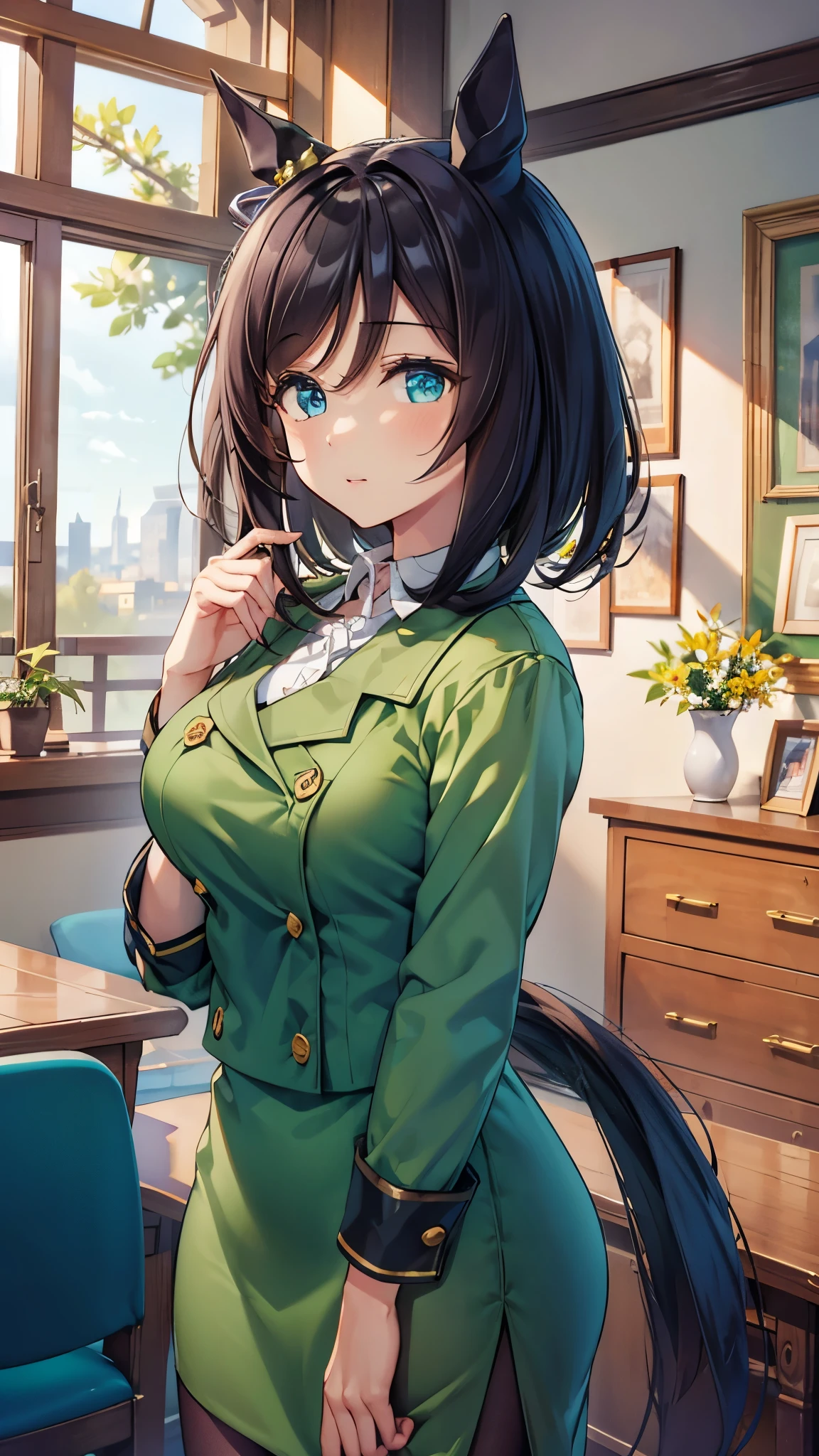 illustration style, high detail, 8k, clean lineart, cinematic, 
eishin flash \(umamusume\), horse tail, black hair:1.3, deep blue eyes:1.6, hair fully hides ears:1.8, mature face, 23 years old, 
natural pose, school background, 
green jacket:1.3, 
green skirt:1.3, 
pantyhose:1.3, 
  

look at viewer