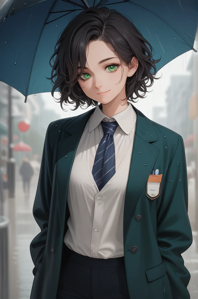 Tall　Hairstyle sauvage long　 black hair　Poses like a photo book　Green Eye　Holding an umbrella in a rainy park　 blazer　Gentle smile