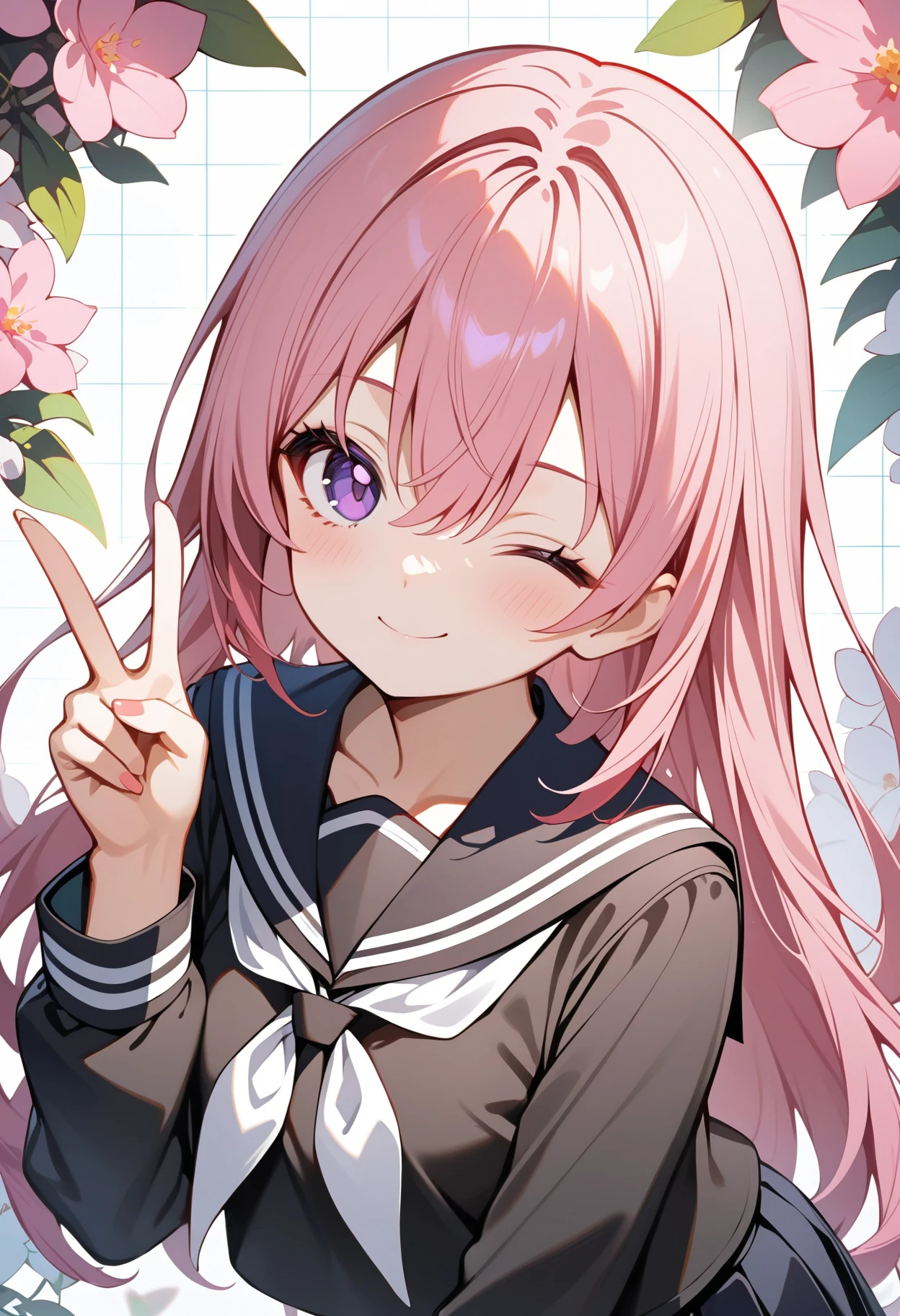 best quality, amazing quality, great quality, absurdres, 1girl, solo, pink hair, purple eyes, hair between eyes, long hair, black sailor collar, black skirt, serafuku, white neckerchief, standing, v, upper body, looking at viewer, floral background, one eye closed, smile, closed mouth, grid background, without closets