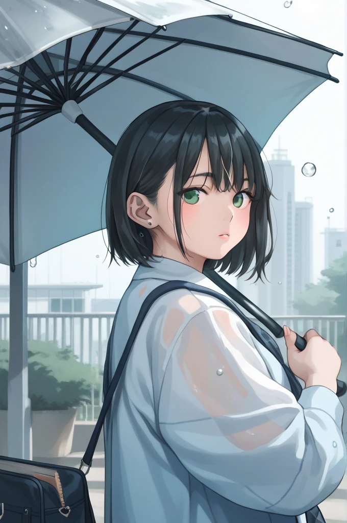  short bob　Tall　A beautiful system　 long hair　 black hair　Poses like a photo book　 behind a large school building　Blonde　Green Eye　Holding an umbrella in a rainy park