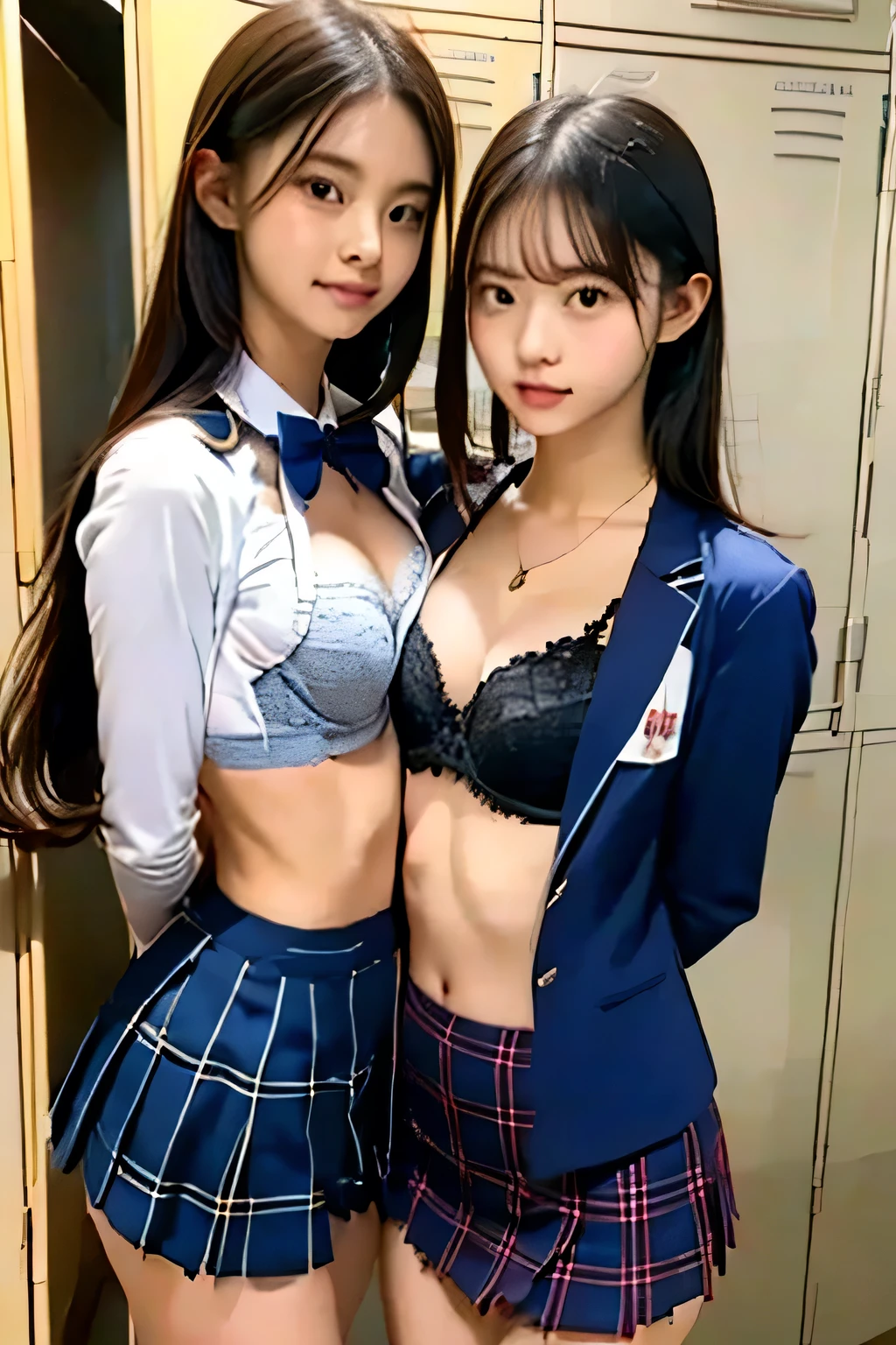 (Silk bra、shirts lift、lifted by self:1.2)、((top-quality、8k、​masterpiece:1.3))、((locker room at evening、japanese school uniform))、Very detailed expression, finely detail、Highly detailed face movie lighting、1 girl、front fascia、((black  hair))、Highly detailed facial and skin texture、A detailed eye、pleatedskirt(((Dark blue school uniform)))、school uniform,navy blazer,neckribbon,school vest,plaid pattern skirt,Showing off shirt,,wear a small bra,shorts hair,hair pin,side twintail hair,