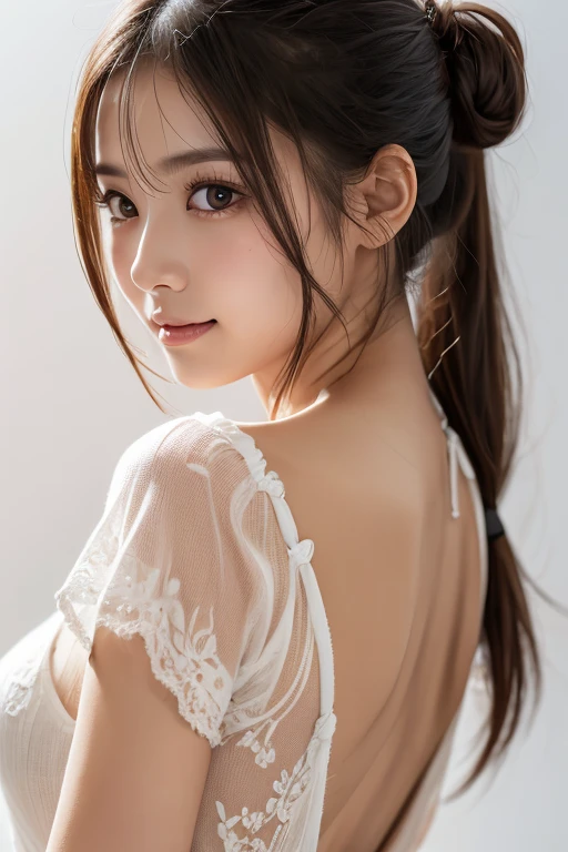 Nikon Z 85mm, ((highest quality)) ((masterpiece)), intricate details, sharp focus, professional, photorealistic, real life, surrealistic, photorealism, silhouette lights, fine details, highest quality, highly detailed CG Unity 8k wallpaper, perfect artwork, upper body, shiny hair, glowing eyes, shiny skin, realistic, perfect female figureConstricted waist, camera gaze, lace, seductive posture, sexy pose, very delicate and beautiful, best quality, beautiful detailed girl, beautiful fine eyes, face lights, cinematic lighting, see-through, chest exposure, transparent material, buttocks exposed, realistic expression of face, (intricate details, makeup, perfect proportions (detailed beautiful delicate face, detailed beautiful delicate eyes, face), Detailed skin, detailed skin, best ratio four fingers and one thumb, arms under chest, medium large breast, smooth upper abdomen, lean and thin, fashion, solo, (young), face highlight, upper body, detailed face, white skin, silver hair, ponytail, braid, big eyes, silk robe, (hollow pattern, silk), earrings, slim body, luxury room, Professional Writing, Tear Robes, One Girl, Hairy Hair