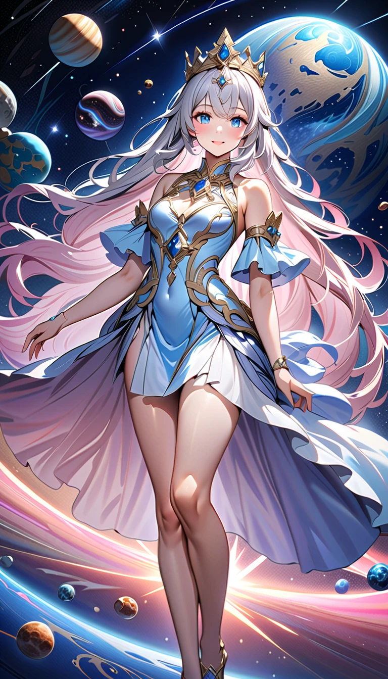 ( best quality,  high image quality,  high definition , 8k), The most beautiful goddess,  Anatomically Beautiful Body , Beautiful blue eyes, Beautiful pink lips,  perfect face,  Long Silky Straight Silver Hair, whole body,  White and Light Blue Royal Tunic ,  Quartz and Sapphire Crown ,  standing, Detailed illustrated art with quiet hand and foot movements ,  look at me and smile, Celestial Bodies, planet, nebula, solar system,  starry sky , meteor,  detailed illustrated art including backgrounds, 