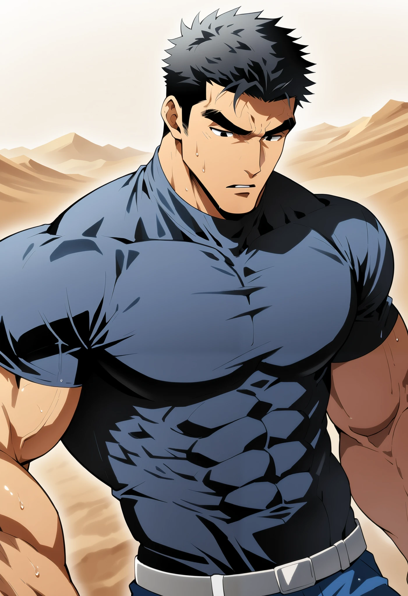  Very Handsome Male Anime Character  ,Short black hair, Thick eyebrows, Black Eyes ,  Short haircut,  parted lips ,  frowning face ,  Young Muscle Sexy Sports  , sweat,  masculinity , Focus on men, Very tight ,  muscular man ,  big and round muscles ,  full muscular waist Model  ,  upper body ,   he felt very sorry , Durable face ,( Navy Short Sleeve Crew Neck T-Shirt) ,Bodysuit ,  Jeans  , In the desert