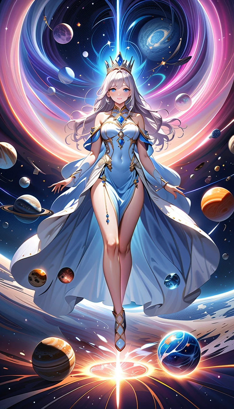 ( best quality,  high image quality,  high definition , 8k), The most beautiful goddess,  Anatomically Beautiful Body , Beautiful blue eyes, Beautiful pink lips,  perfect face,  Long Silky Straight Silver Hair, whole body,  White and Light Blue Royal Tunic ,  Quartz and Sapphire Crown ,  standing, Detailed illustrated art with quiet hand and foot movements ,  look at me and smile, Celestial Bodies, planet, nebula, solar system,  starry sky , meteor,  detailed illustrated art including backgrounds, 