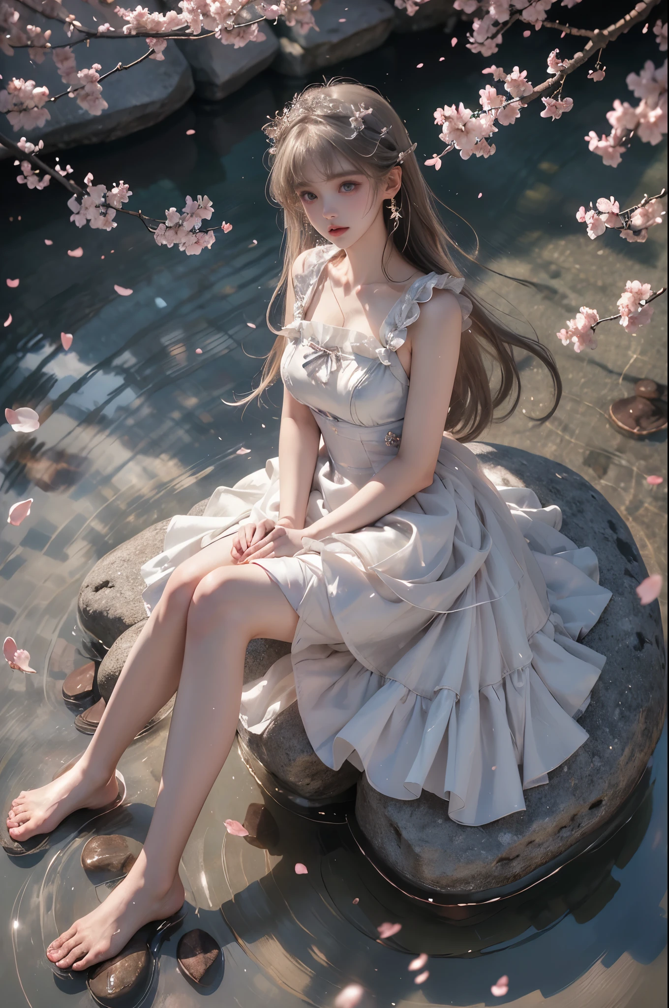 wlyg (manaka nemu),wathet dress ((photorealistic)), ((masterpiece)), (ultra-detailed), (high quality), beautiful young woman, (Full breasts, visible cleavage), (Very short hemline, revealing smooth thighs), (Correct and beautiful leg shape), perfect facial features, flawless skin, flowing long hair, slim figure, (sitting on a large rock in a river:1.3), (feet dangling in clear flowing water:1.2), (one hand elegantly running through her hair:1.2), (scattered cherry blossom petals:1.3), (floating petals in the air:1.2), (petals on water surface:1.2), soft natural lighting, shallow depth of field, gentle water ripples, cinematic lighting, professional photography, 85mm lens, F2.8, bokeh