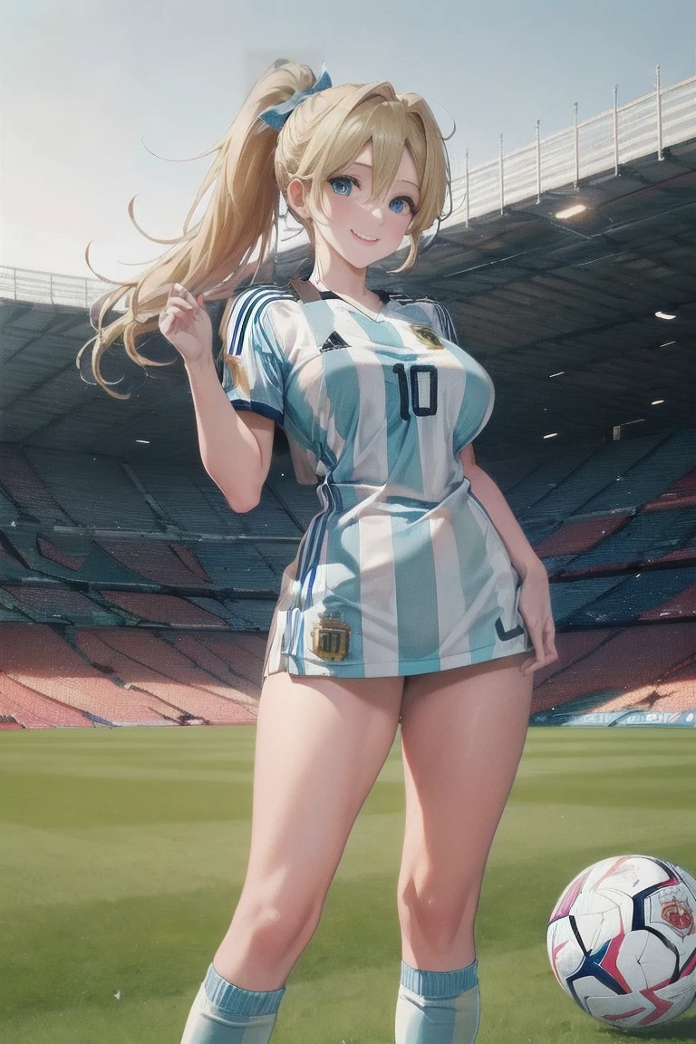 masterpiece,  best quality ,Ultra HD Explained,Full HD,16k, Super resolution , accurate human body,Correct human anatomy,relax, smile,(( soccerスタジアム,On the grass,On the pitch)),(((( standing:1.8,Beautiful operation)))),  one woman:2.0, viewer,(( blonde alone, long hair_  ponytail _Blue ribbon,Blue Eyes, Beautiful White Skin )),( open your eyes, penetrates ,Sexy and attractive body _ far beyond age:1.5, Well-balanced limbs:1.6, long legs ) ((Abnormally large breasts_K-Cup_ beautifully shaped breasts )),(((Argentina _ soccer_ soccerユニフォーム,Argentina 代表ユニフォーム))),,German,Colours of the 90s, bust shot:1.8,Active Angle,Front View, chest in the background:1.4.