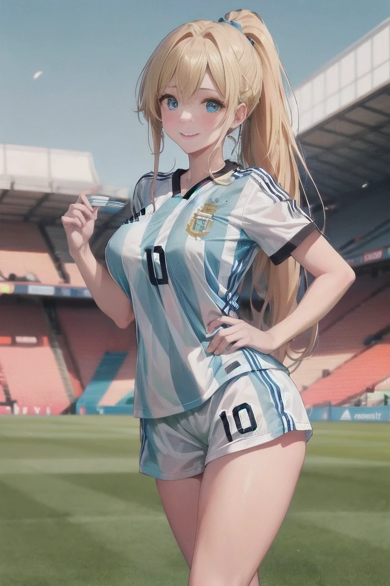 masterpiece,  best quality ,Ultra HD Explained,Full HD,16k, Super resolution , accurate human body,Correct human anatomy,relax, smile,(( soccerスタジアム,On the grass,On the pitch)),(((( standing:1.8,Beautiful operation)))),  one woman:2.0, viewer,(( blonde alone, long hair_  ponytail _Blue ribbon,Blue Eyes, Beautiful White Skin )),( open your eyes, penetrates ,Sexy and attractive body _ far beyond age:1.5, Well-balanced limbs:1.6, long legs ) ((Abnormally large breasts_K-Cup_ beautifully shaped breasts )),(((Argentina _ soccer_ soccerユニフォーム,Argentina 代表ユニフォーム))),,German,Colours of the 90s, bust shot:1.8,Active Angle,Front View, chest in the background:1.4.