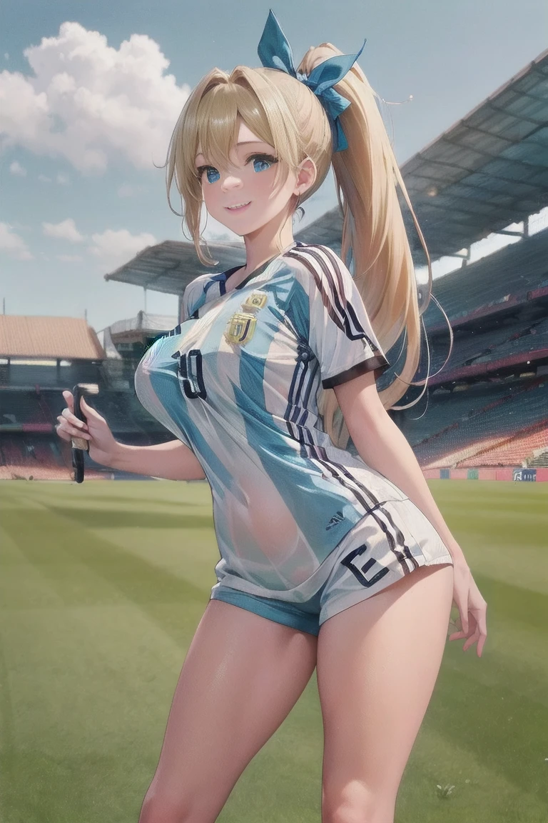 masterpiece,  best quality ,Ultra HD Explained,Full HD,16k, Super resolution , accurate human body,Correct human anatomy,relax, smile,(( soccerスタジアム,On the grass,On the pitch)),(((( standing:1.8,Beautiful operation)))),  one woman:2.0, viewer,(( blonde alone, long hair_  ponytail _Blue ribbon,Blue Eyes, Beautiful White Skin )),( open your eyes, penetrates ,Sexy and attractive body _ far beyond age:1.5, Well-balanced limbs:1.6, long legs ) ((Abnormally large breasts_K-Cup_ beautifully shaped breasts )),(((Argentina _ soccer_ soccerユニフォーム,Argentina 代表ユニフォーム))),,German,Colours of the 90s, bust shot:1.8,Active Angle,Front View, chest in the background:1.4.