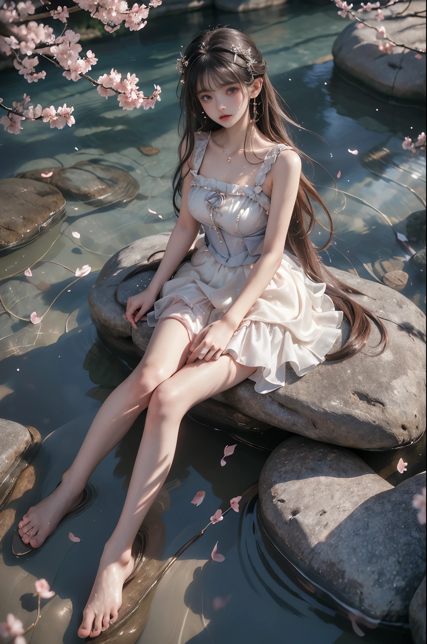 wlyg (manaka nemu),wathet dress ((photorealistic)), ((masterpiece)), (ultra-detailed), (high quality), beautiful young woman, (Full breasts, visible cleavage), (Very short hemline, revealing smooth thighs), (Correct and beautiful leg shape), perfect facial features, flawless skin, flowing long hair, slim figure, (sitting on a large rock in a river:1.3), (feet dangling in clear flowing water:1.2), (one hand elegantly running through her hair:1.2), (scattered cherry blossom petals:1.3), (floating petals in the air:1.2), (petals on water surface:1.2), soft natural lighting, shallow depth of field, gentle water ripples, cinematic lighting, professional photography, 85mm lens, F2.8, bokeh