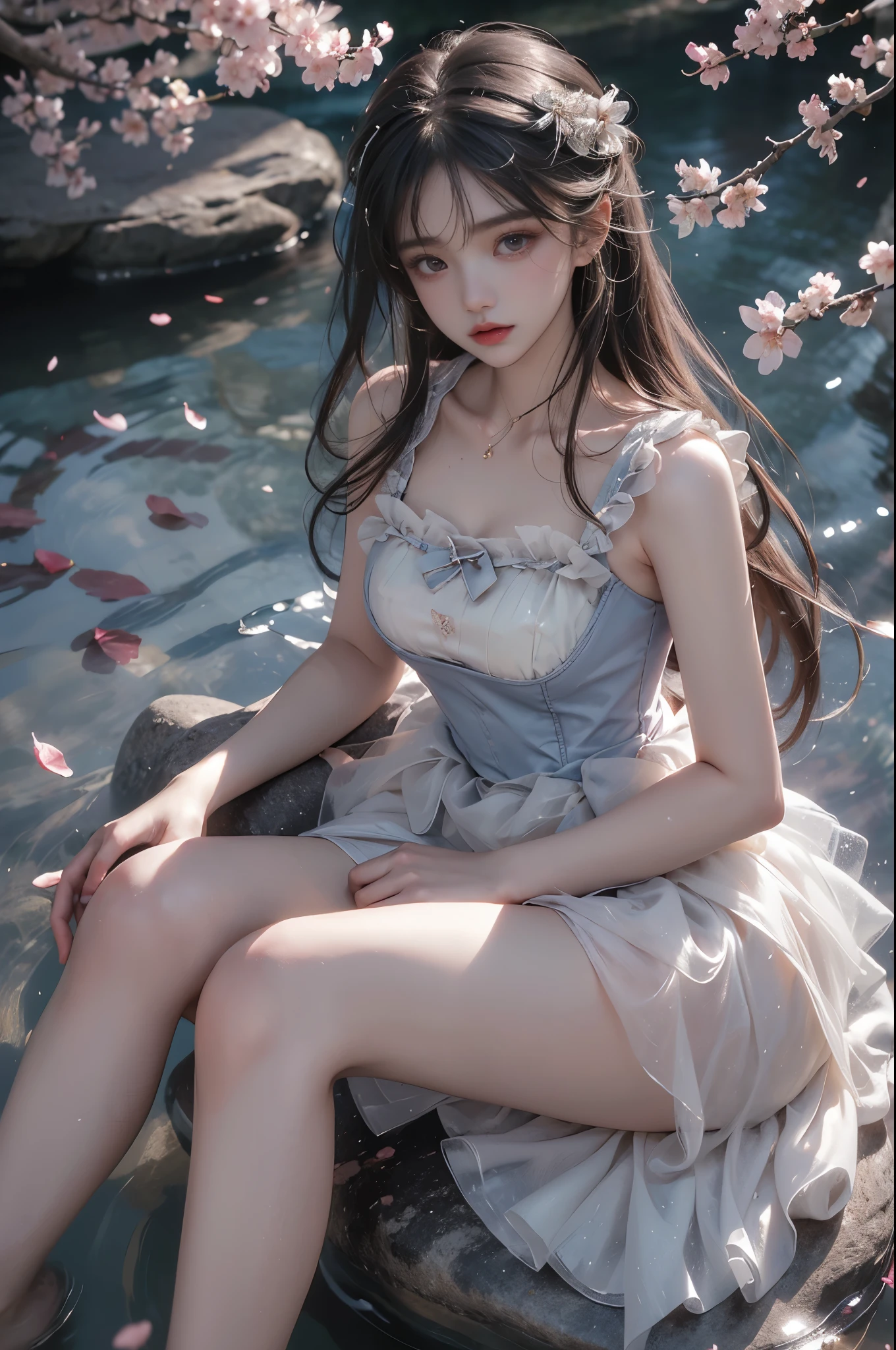 wlyg (manaka nemu),wathet dress ((photorealistic)), ((masterpiece)), (ultra-detailed), (high quality), beautiful young woman, (Full breasts, visible cleavage), (Very short hemline, revealing smooth thighs), (Correct and beautiful leg shape), perfect facial features, flawless skin, flowing long hair, slim figure, (sitting on a large rock in a river:1.3), (feet dangling in clear flowing water:1.2), (one hand elegantly running through her hair:1.2), (scattered cherry blossom petals:1.3), (floating petals in the air:1.2), (petals on water surface:1.2), soft natural lighting, shallow depth of field, gentle water ripples, cinematic lighting, professional photography, 85mm lens, F2.8, bokeh