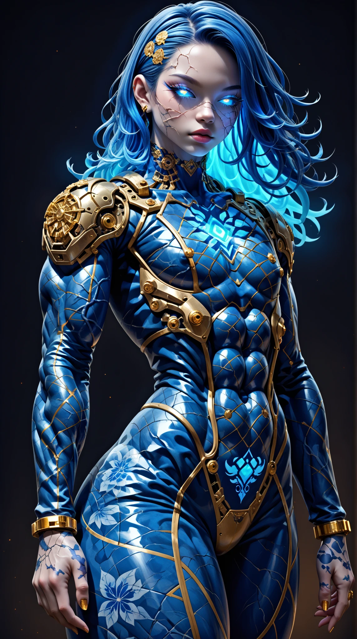 score_9, score_8_up, score_7_up, (1 girl), (asian), beautiful age (skinny) muscular goth cyborg girl, (full Cybernetic bodysuit:1.5), (black sclera:1.5), (blue glowing eyes:1.5), (blue glowing body veins:1.5), (flat chest:1.25), (blue glowing hair:1.25), (beautiful face:1.25), (bodybuilder femboy physique:1.25), (skinny long legs:0.75),(blue willow pattern:1.5), (gold cracks:1.2), kintsugi, long hair, (skin painting:1.2), full body, (white skin), k1ntsug1, bimbo lips, cowboy shot, cybernetic, mechanoid body parts, exposed cables and circuits, neon lights, gothic neon style, cyber punk style, Stable_Yogis_Scenery_Negatives, Stable_Yogis_Scenery_positives,  Stable_Yogis_PDXL_Positives, Stable_Yogis_PDXL_Negatives