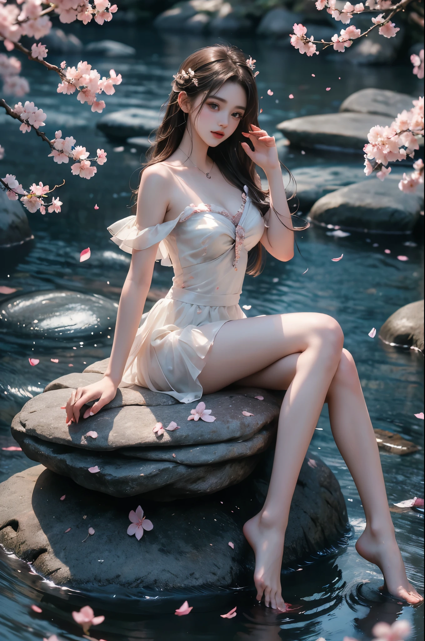 fodress ((photorealistic)), ((masterpiece)), (ultra-detailed), (high quality), beautiful young woman, (Full breasts, visible cleavage), (Very short hemline, revealing smooth thighs), (Correct and beautiful leg shape), perfect facial features, flawless skin, flowing long hair, slim figure, (sitting on a large rock in a river:1.3), (feet dangling in clear flowing water:1.2), (one hand elegantly running through her hair:1.2), (scattered cherry blossom petals:1.3), (floating petals in the air:1.2), (petals on water surface:1.2), soft natural lighting, shallow depth of field, gentle water ripples, cinematic lighting, professional photography, 85mm lens, F2.8, bokeh