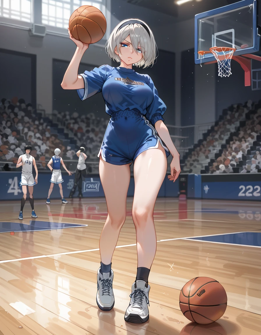 2b, 2b, Detailed depiction of Yorha's . 2 Type B,  shorthair, Gray Hair, Big Breasts、 mole under mouth , blue eyes、Full body portrait、 Enjoy playing basketball 、 serious face、gym、 basketball uniform