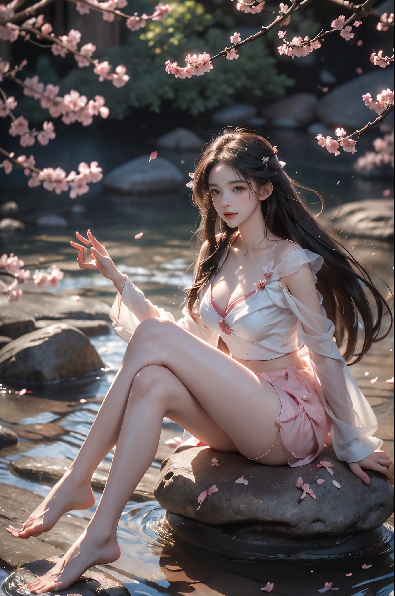 ((photorealistic)), ((masterpiece)), (ultra-detailed), (high quality), beautiful young woman, (Full breasts, visible cleavage), (Very short hemline, revealing smooth thighs), (Correct and beautiful leg shape), perfect facial features, flawless skin, flowing long hair, slim figure, (sitting on a large rock in a river:1.3), (feet dangling in clear flowing water:1.2), (one hand elegantly running through her hair:1.2), (scattered cherry blossom petals:1.3), (floating petals in the air:1.2), (petals on water surface:1.2), soft natural lighting, shallow depth of field, gentle water ripples, cinematic lighting, professional photography, 85mm lens, F2.8, bokeh