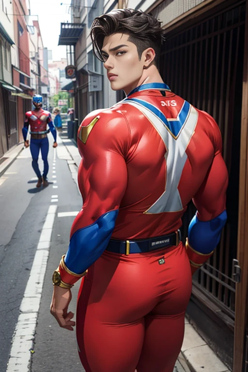 ultraman taro pin up,photo realistic,gay,bara,nude,naked body,slim body,human skin color,hairy body,slim body,head only ultramantaro with naked human body,small penis,shower room