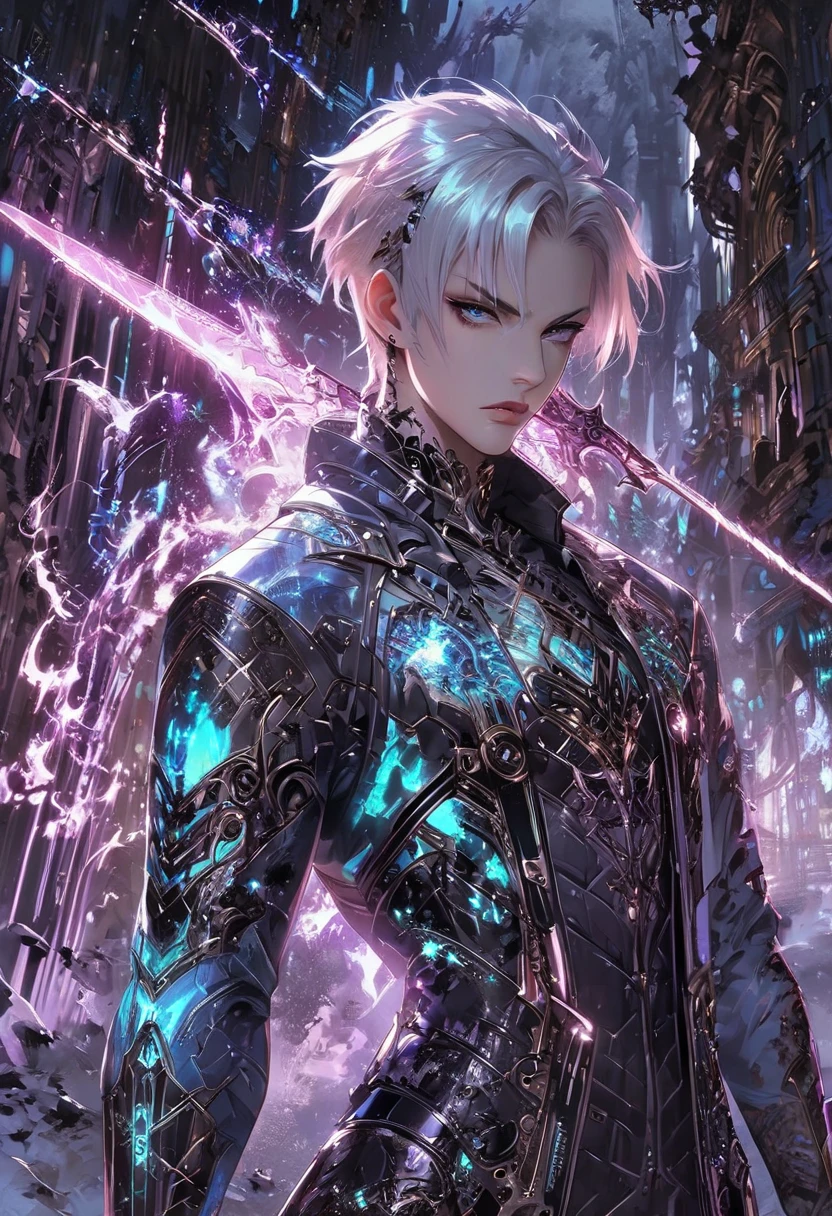 armed,weapon, holding weapon,stylish boy, beauty face, fantasy character, aura art, ethereal atomosphere,interface design, digital artwork, futuristic design, glow neon, glow button, inside futuristic rectangular frame, he fight with glowing sword, global illuminaton, energy burst from sword