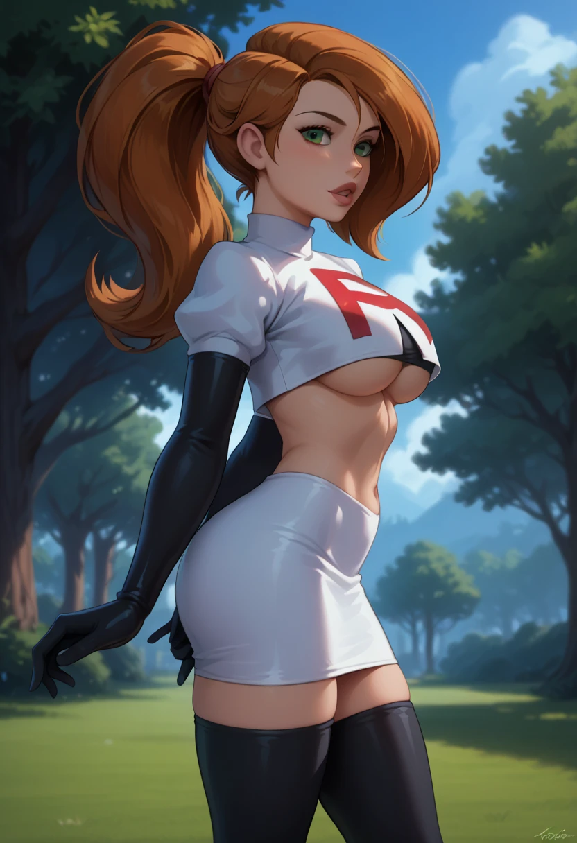 score_9, score_8_up, score_7_up, 1girl, solo, beautiful waifu, Kim Possible, ponytail, filled lips, thick lips, detailed eyes, detailed face, flirt, looking at viewer, Cosplay_TeamRocket, team rocket uniform, white jacket, cropped jacket, white skirt, elbow gloves, black thigh highs, underboob, in beautiful green park, trees, low light, early evening, shallow depth of field, (side view:1.2).