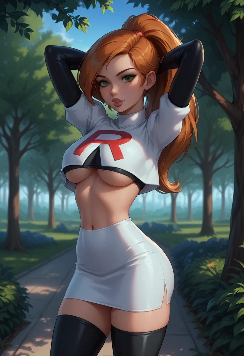 score_9, score_8_up, score_7_up, 1girl, solo, beautiful waifu, Kim Possible, ponytail, filled lips, thick lips, detailed eyes, detailed face, flirt, looking at viewer, Cosplay_TeamRocket, team rocket uniform, white jacket, cropped jacket, white skirt, elbow gloves, black thigh highs, underboob, (arms up, hands behind head:1.2), in beautiful green park, trees, low light, early evening, shallow depth of field.