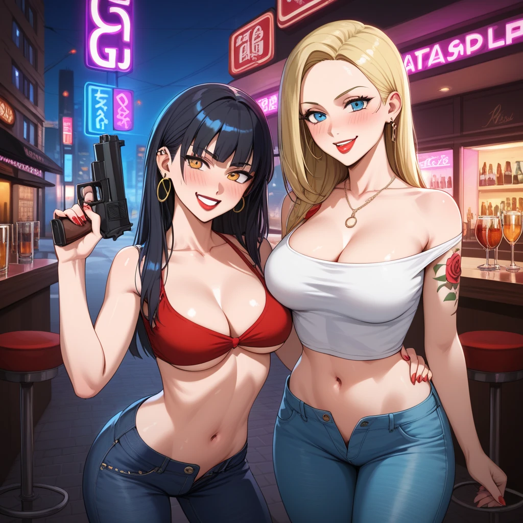 2girls, two girls, blush, lipstick, Hot girl, baddie,  bad attitude, mean girl,ear piercing,, crazy, smoking, sensual, attractive,nightclub, bar, indoor, cityscape, building,  city lights, blush, lipstick,  , masterpiece,high quality,4k, bare shoulder,belly,crop top,holding pistol,cleavage,jeans, casual dress,street,road,smile, open mouth, (nsfw) not safe for work, holding a gun,handgun, evil expression,
exposed belly, exposed navel, exposed midriff, exposed lower belly, crop top overhang, underboob,
unbuttoned jeans , low rise black jeans, Low rise jeans, Low rise jeans with open fly,  tattoo on body, tattoo midriff, rose tattoo, , shiny skin