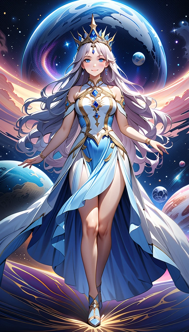 ( best quality,  high image quality,  high definition , 8k), The most beautiful goddess,  Anatomically Beautiful Body , Beautiful blue eyes, Beautiful pink lips,  perfect face,  Long Silky Straight Silver Hair, whole body,  White and Light Blue Royal Tunic ,  Quartz and Sapphire Crown ,  standing, Detailed illustrated art with quiet hand and foot movements ,  look at me and smile, Celestial Bodies, planet, nebula, solar system,  starry sky , meteor,  detailed illustrated art including backgrounds, 