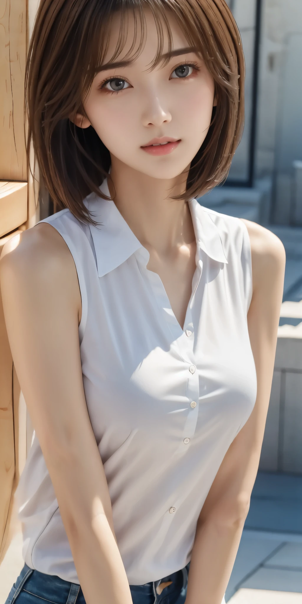 A close up of a woman in a white shirt and jeans - SeaArt AI