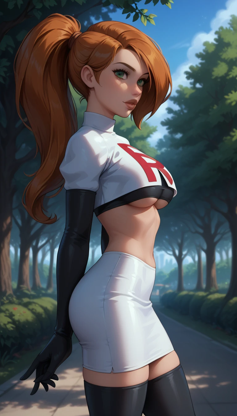 score_9, score_8_up, score_7_up, 1girl, solo, beautiful waifu, Kim Possible, ponytail, filled lips, thick lips, detailed eyes, detailed face, flirt, looking at viewer, Cosplay_TeamRocket, team rocket uniform, white jacket, cropped jacket, white skirt, elbow gloves, black thigh highs, heels, underboob, in beautiful green park, trees, low light, early evening, shallow depth of field, (side view:1.2).