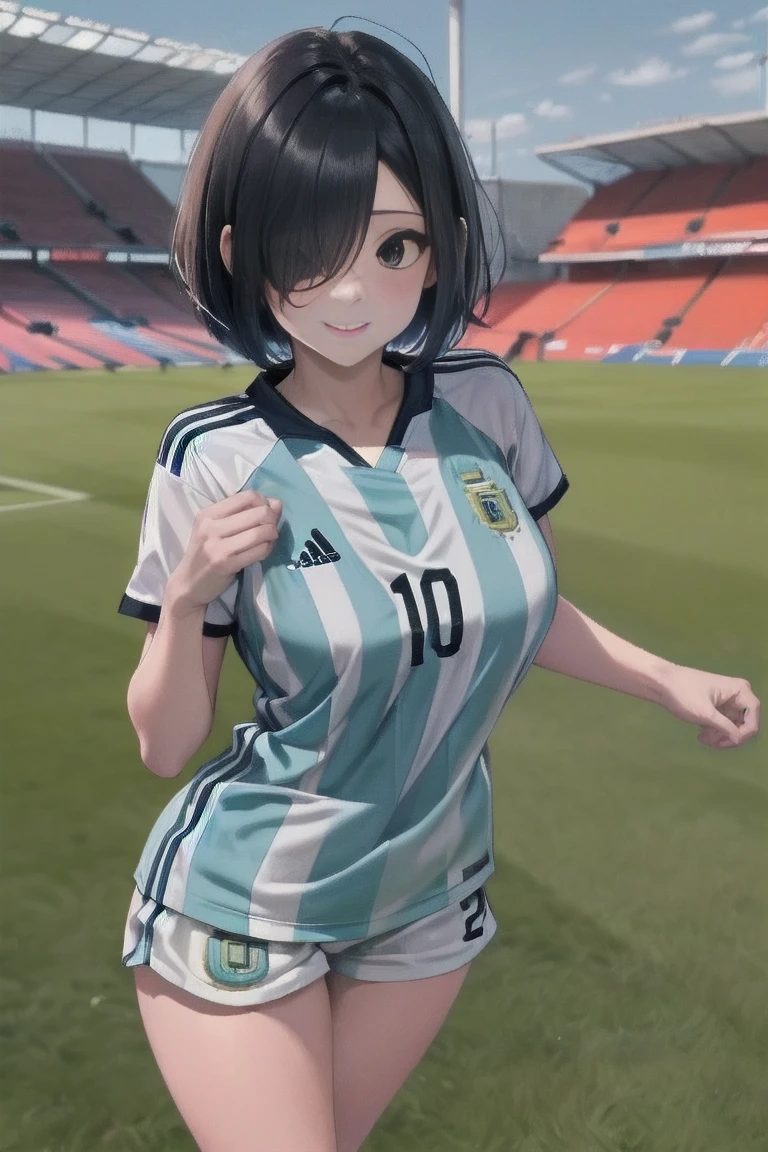 masterpiece,  best quality ,Ultra HD Explained,Full HD,16k, Super resolution , accurate human body,Correct human anatomy,relax, smile,(( soccerスタジアム,On the grass,On the pitch)),(((( standing:1.8,Beautiful operation)))),  one woman:2.0, viewer,(( black hair,  short bob_Cover one eye,Black Eyes , Beautiful White Skin )),( open your eyes, penetrates ,Sexy and attractive body _ far beyond age:1.5, Well-balanced limbs:1.6, long legs ) ((Abnormally large breasts_K-Cup_ beautifully shaped breasts )),(((Argentina _ soccer_ soccerユニフォーム,Argentina 代表ユニフォーム))),, Japanese,Colours of the 90s, bust shot:1.8,Active Angle,Front View, chest in the background:1.4.