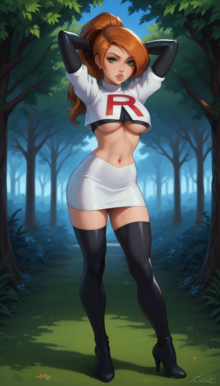 score_9, score_8_up, score_7_up, 1girl, solo, beautiful waifu, Kim Possible, ponytail, filled lips, thick lips, detailed eyes, detailed face, flirt, looking at viewer, Cosplay_TeamRocket, team rocket uniform, white jacket, cropped jacket, white skirt, elbow gloves, black thigh highs, heels, underboob, (arms up, hands behind head:1.2), in beautiful green park, trees, low light, early evening, shallow depth of field.