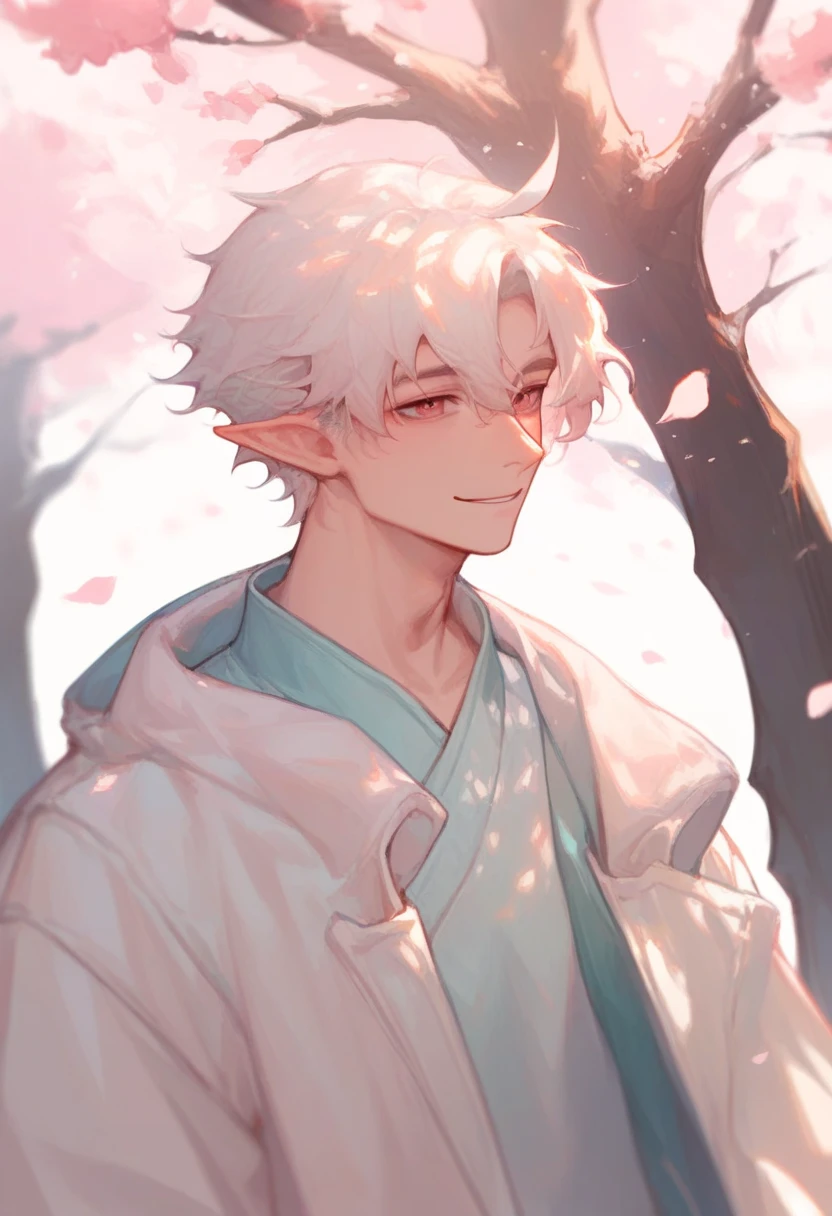 1 boy, cute face, upper body, korean, under tree, white hair, blossom, jacket, smile, leaves