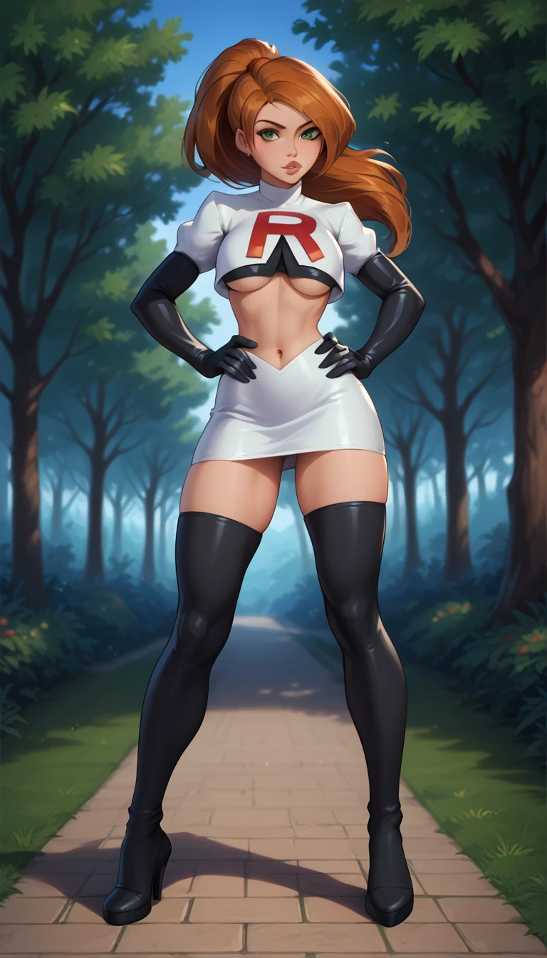 score_9, score_8_up, score_7_up, 1girl, solo, beautiful waifu, Kim Possible, ponytail, filled lips, thick lips, detailed eyes, detailed face, flirt, looking at viewer, Cosplay_TeamRocket, team rocket uniform, white jacket, cropped jacket, white skirt, elbow gloves, black thigh highs, heels, underboob, (hand on hip, hip out, feet apart:1.2), sexy pose, power pose, in beautiful green park, trees, low light, early evening, shallow depth of field.