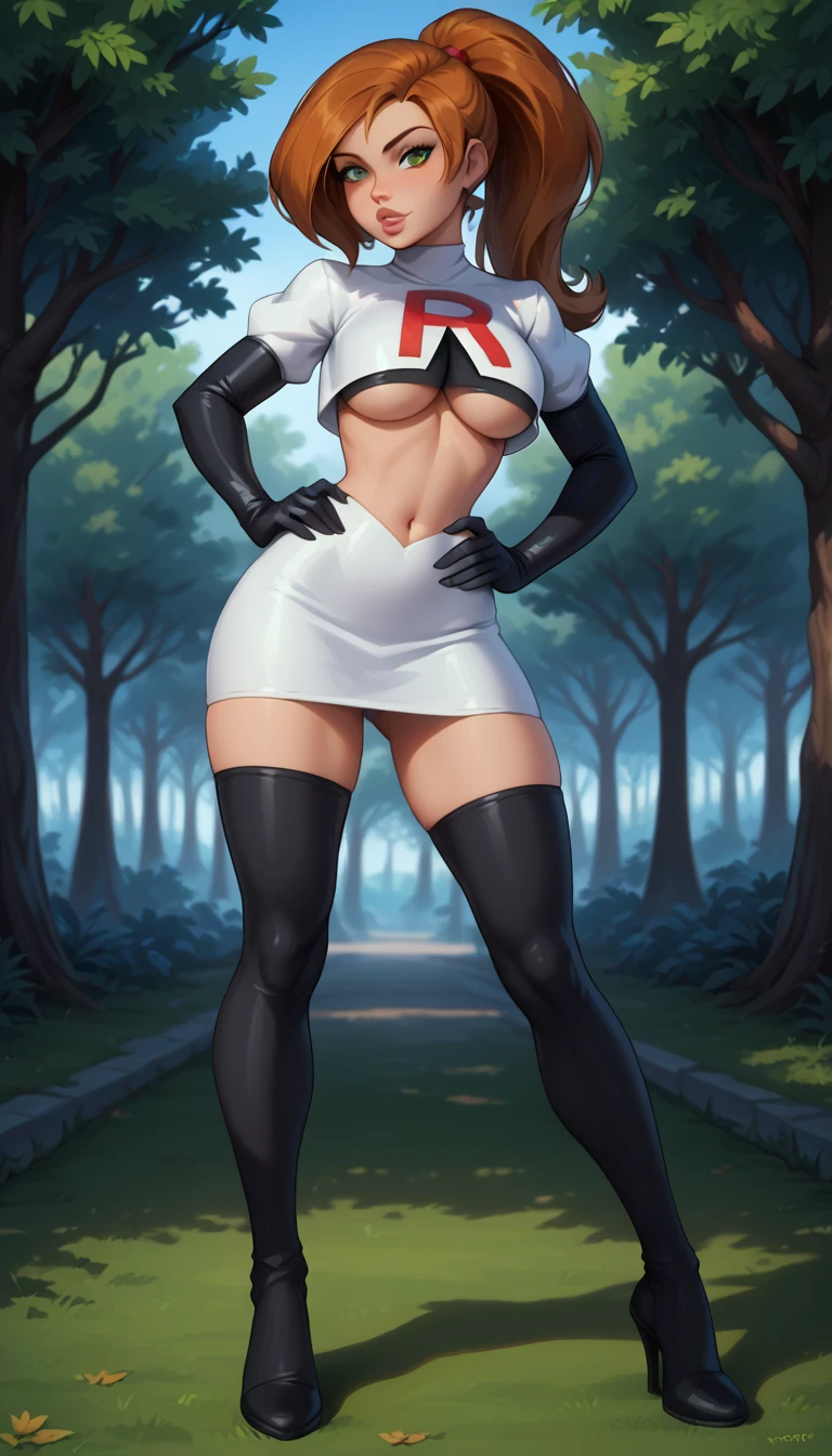 score_9, score_8_up, score_7_up, 1girl, solo, beautiful waifu, Kim Possible, ponytail, filled lips, thick lips, detailed eyes, detailed face, flirt, looking at viewer, Cosplay_TeamRocket, team rocket uniform, white jacket, cropped jacket, white skirt, elbow gloves, black thigh highs, heels, underboob, (hand on hip, hip out, feet apart:1.2), sexy pose, power pose, in beautiful green park, trees, low light, early evening, shallow depth of field.