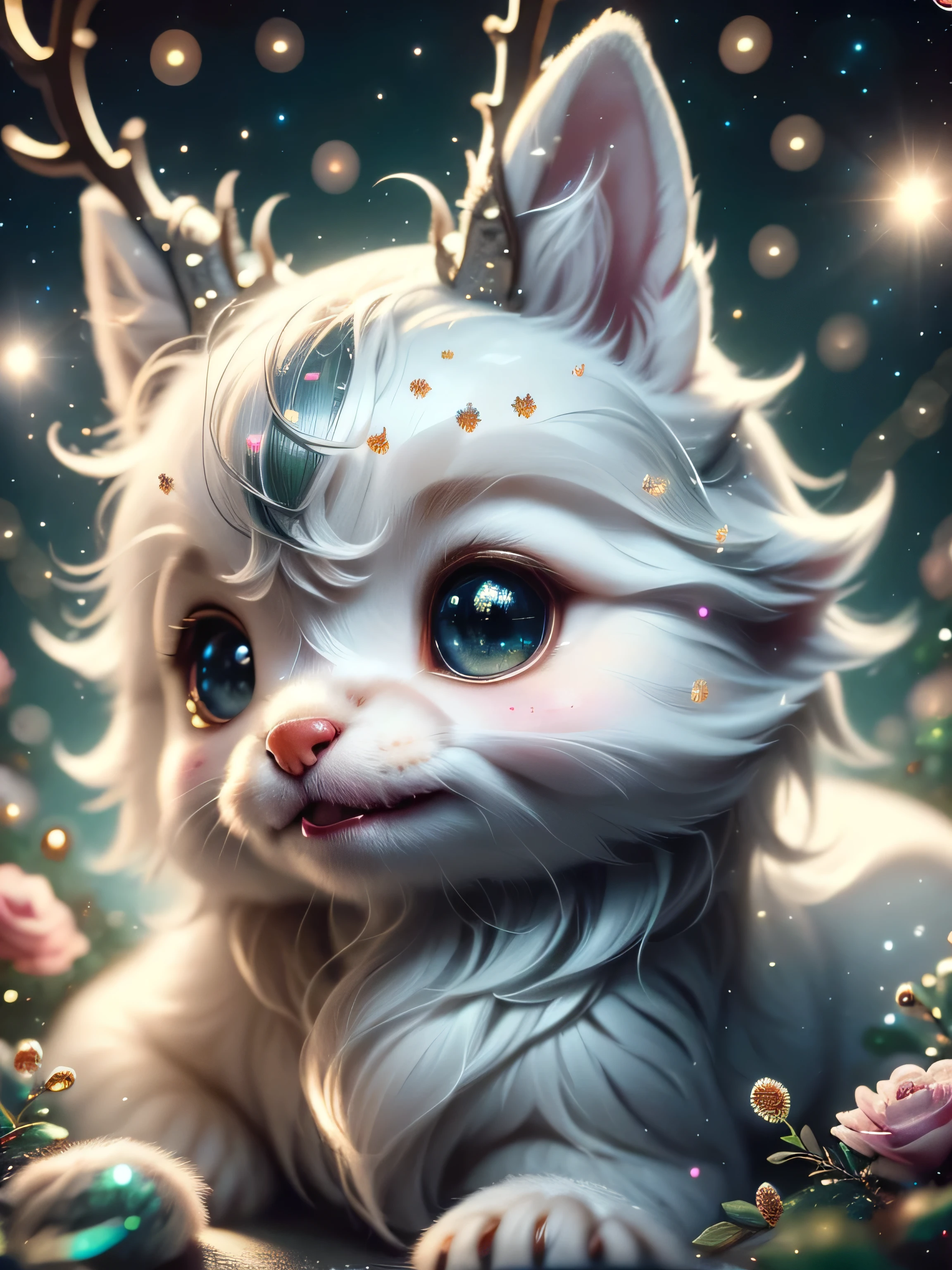 Magical Fantasy Creature, (Best Quality, Masterpiece, Representative Work, Official Art, Professional, Super Detailed, 8k:1.3), (Photorealism:1.2) Super Cute, Big Eyes, Soft, Soft Nose, Fluffy, Double-Toothed Smile, Aurorastyle, Highly detailed Dynamic shot of majestic adorable  reindeer, high quality, beautiful masterpiece, fantasy creature, kawaii, digital art, glowing sparkles, Realistic, Beautiful, Stars in Eyes, Soft Volumetric Light, (Backlight:1.3), (Cinematic:1.2), Intricate Details, (ArtStation:1.3), --auto --s2