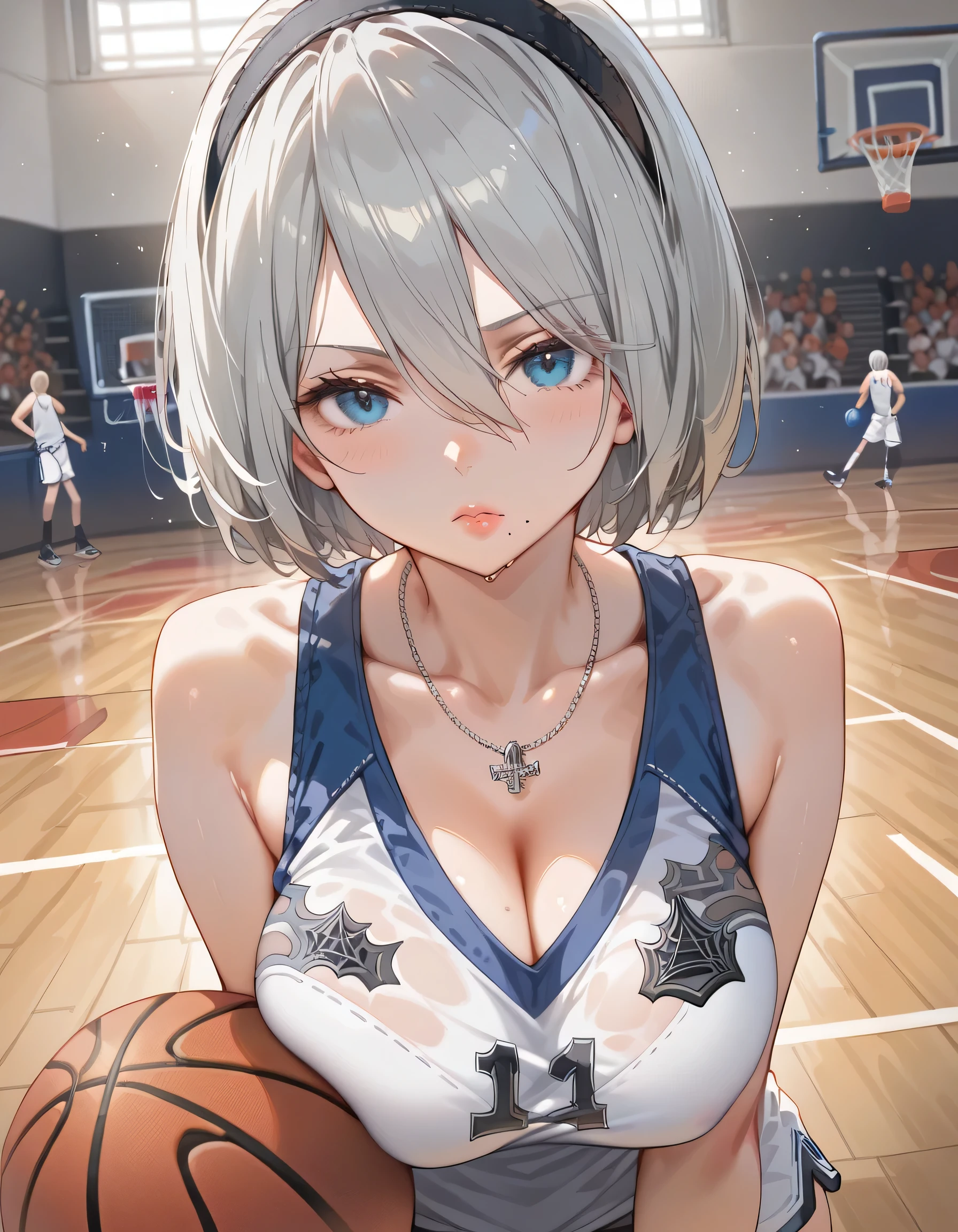 2b, 2b, Detailed depiction of Yorha's . 2 Type B,  shorthair, Gray Hair, Big Breasts、 mole under mouth , blue eyes、 small silver necklace、Enjoy playing basketball 、 serious face、gym、 basketball uniform