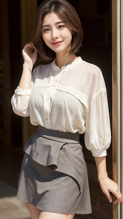 One Woman、Cute face、Also々New Expressions、Japanese、Japanese、、Grey Eyes、Beige Hair、French Braid、16talent、White shirt、デニムのLong skirt、Long skirt、Random Pause、(((Photo Studio、Concrete Background、Perfect lighting、Professional Photographer、50mmlens)))、Highest quality、Ultra-high resolution、masterpiece:1.3,8k、Precision Finishing、Unreasonable