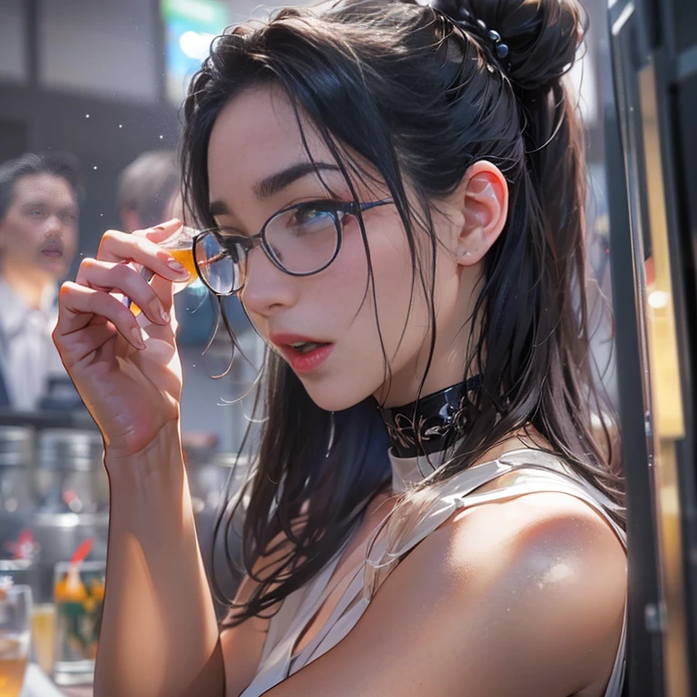 Masterpiece:1.3), (8k, Photorealistic, RAW Photography, Best Quality: 1.4) a picture of a beautiful woman (Masterpiece 1.5, intense details), full body (Masterpiece 1.3, intense details), sitting in a bar, sipping a cocktail, wearing a white mini dress (Masterpiece 1.3, intense details), slightly hiding the edge of white silk stocking (Masterpiece 1.3, intense details), almost hiding vampiric fangs (Masterpiece 1.3, intense details), wearing high heels, smirking, glasses, black choker (intense details) , make up, black hair, long hair, ponytail, very long hair, hair strand, hairpin, eye reflection, intense azure eyes, light makeup, shy, blush, photorealistic, Realism, depth of field, cinematic lighting, dim light, full body, silhouette, from side, Ultra-Wide Angle, retina, UHD, best quality, 8k, highres, high details