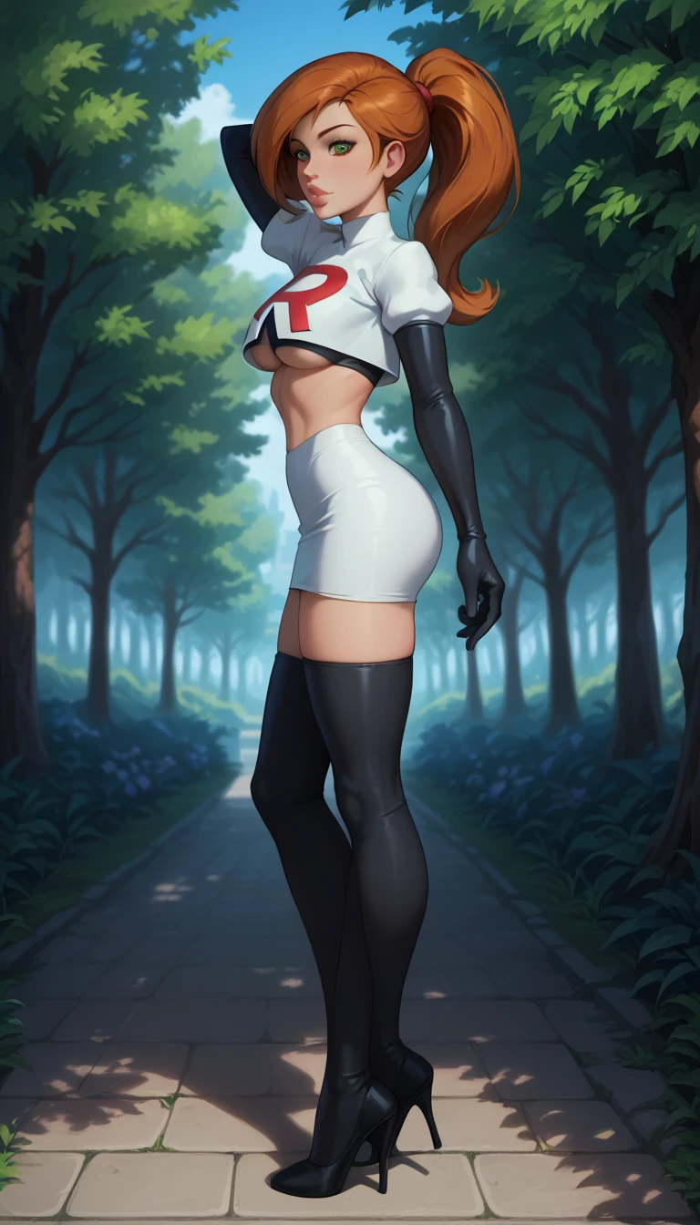 score_9, score_8_up, score_7_up, 1girl, solo, beautiful waifu, Kim Possible, ponytail, filled lips, thick lips, detailed eyes, detailed face, flirt, looking at viewer, Cosplay_TeamRocket, team rocket uniform, white jacket, cropped jacket, white skirt, elbow gloves, black thigh highs, heels, underboob, in beautiful green park, trees, low light, early evening, shallow depth of field, (side view:1.2), full body shot:1.3).